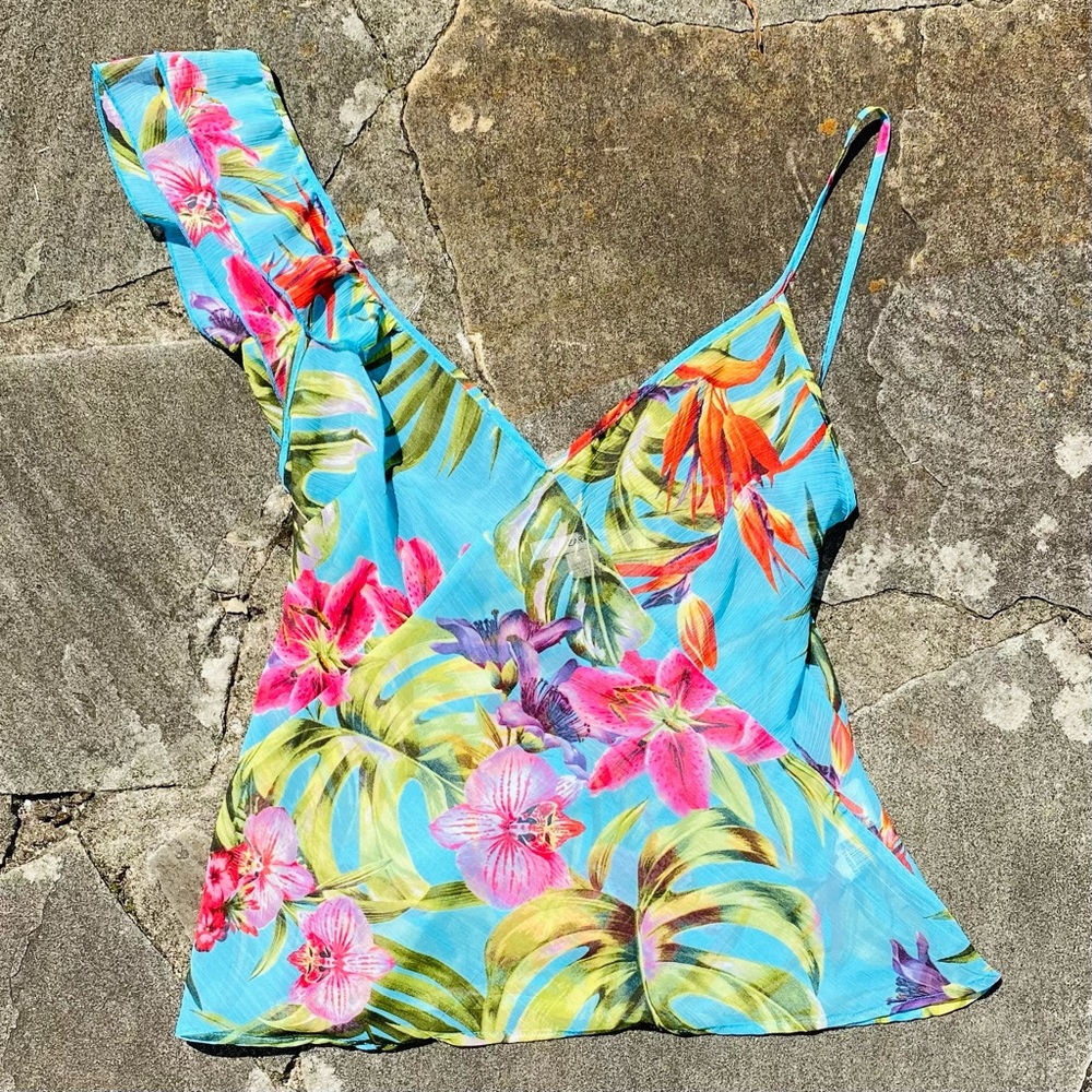 ZARA Tropical Print Ruffle Sleeve Sheer Top!